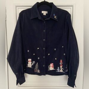 Christopher Banks Cat Snowman Embroidered Holiday Christmas Navy Vintage Blouse